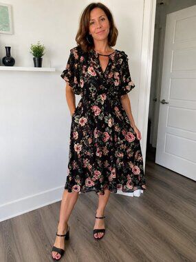 Monteau Black Floral Cold Shoulders Faux Wrap Dress | Romantic Boho Midi Dress